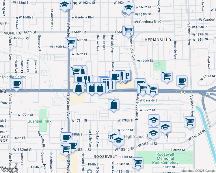 map of restaurants, bars, coffee shops, grocery stores, and more near 8 Artesia Boulevard in Gardena
