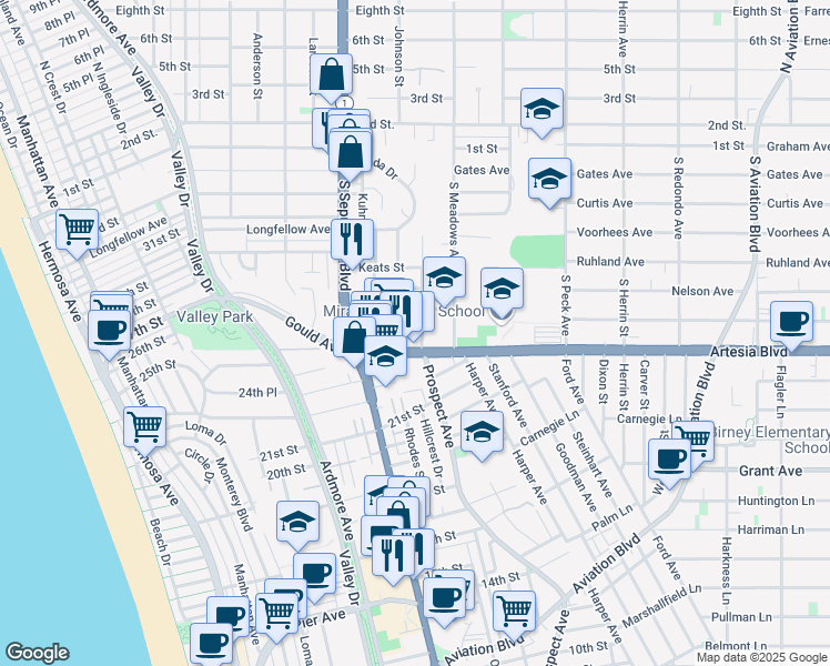 map of restaurants, bars, coffee shops, grocery stores, and more near in Hermosa Beach