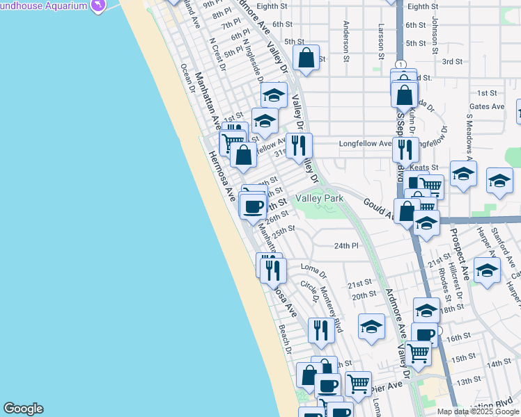 map of restaurants, bars, coffee shops, grocery stores, and more near 231 26th Street in Hermosa Beach