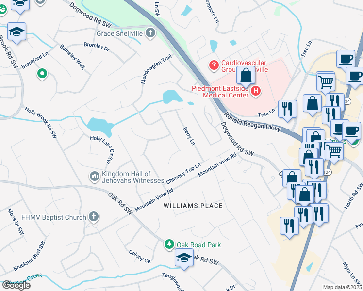 map of restaurants, bars, coffee shops, grocery stores, and more near 1885 Vintage Drive in Snellville