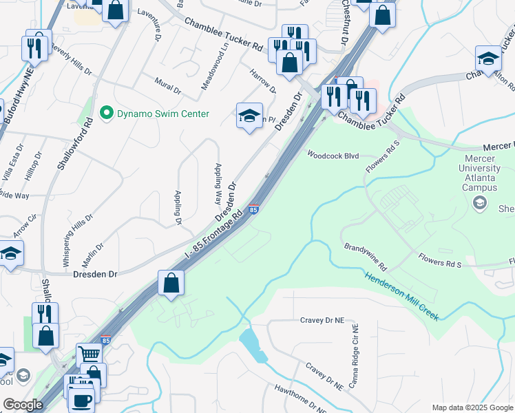map of restaurants, bars, coffee shops, grocery stores, and more near 3226-3338 I - 85 Frontage Road in Atlanta