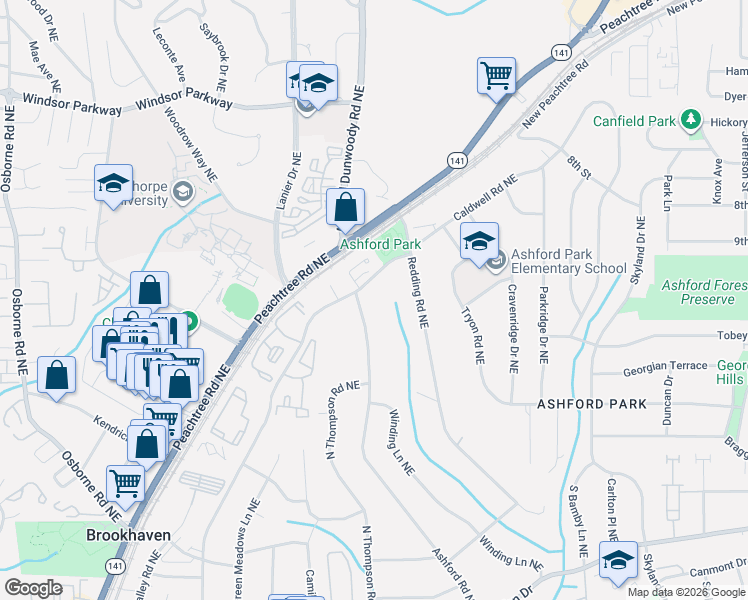 map of restaurants, bars, coffee shops, grocery stores, and more near 2907 Ashford Road Northeast in Atlanta