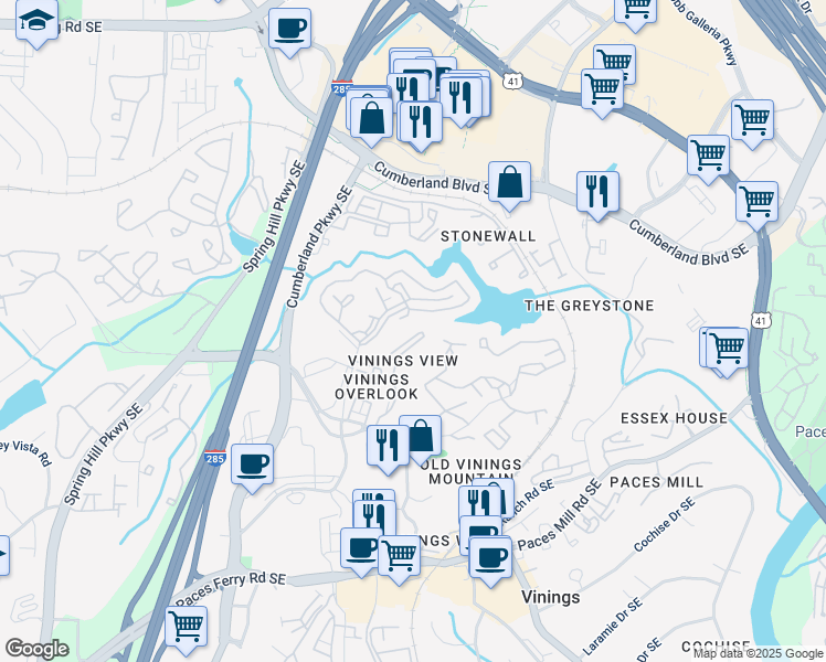 map of restaurants, bars, coffee shops, grocery stores, and more near 3115 7 Pines Court in Atlanta