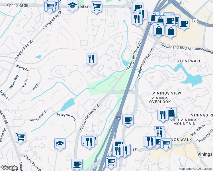 map of restaurants, bars, coffee shops, grocery stores, and more near 2610 Cumberland Court in Smyrna