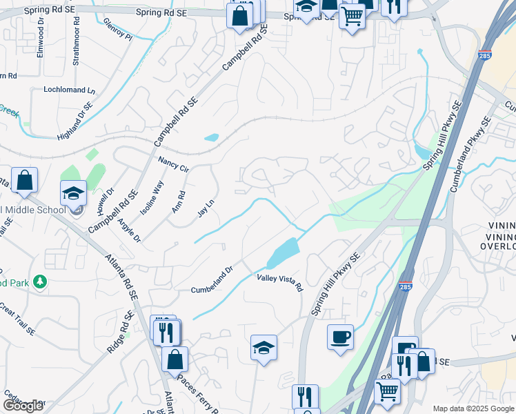 map of restaurants, bars, coffee shops, grocery stores, and more near 3330 Valley Vista Road Southeast in Smyrna