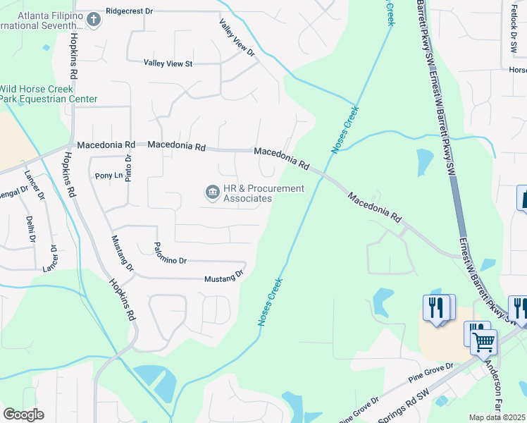 map of restaurants, bars, coffee shops, grocery stores, and more near 3215 Rose Petal Lane in Powder Springs