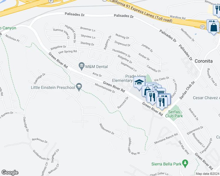 map of restaurants, bars, coffee shops, grocery stores, and more near 3131 Mountainside Drive in Corona