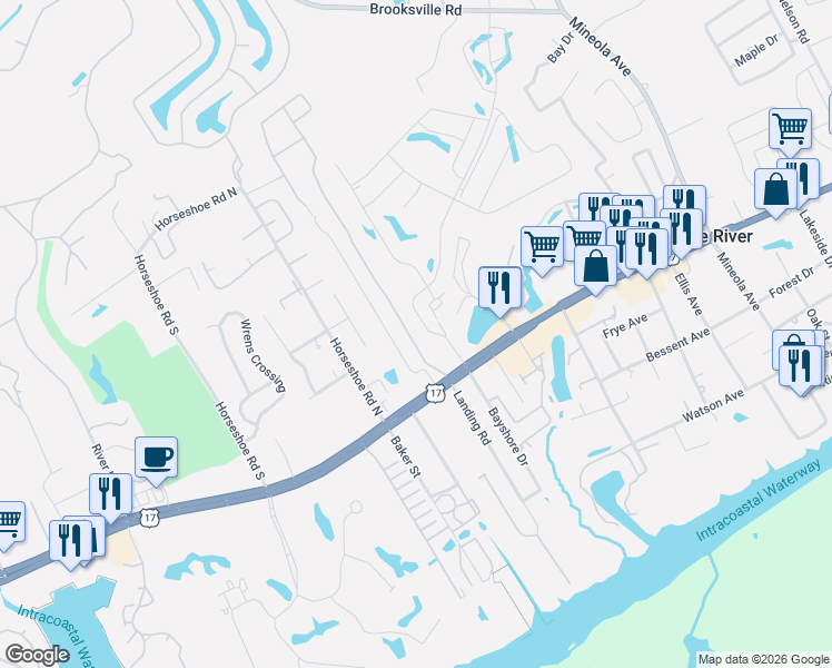 map of restaurants, bars, coffee shops, grocery stores, and more near 4271 Hibiscus Drive in Little River