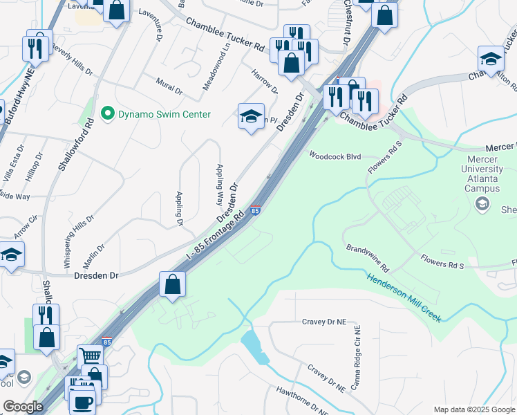 map of restaurants, bars, coffee shops, grocery stores, and more near 3355 Northeast Expressway in Atlanta