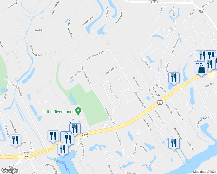 map of restaurants, bars, coffee shops, grocery stores, and more near 4190 Wrens Crossing in Little River