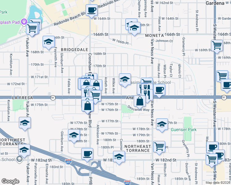 map of restaurants, bars, coffee shops, grocery stores, and more near 17316 Wilkie Avenue in Torrance