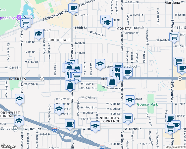 map of restaurants, bars, coffee shops, grocery stores, and more near 17316 Wilkie Avenue in Torrance