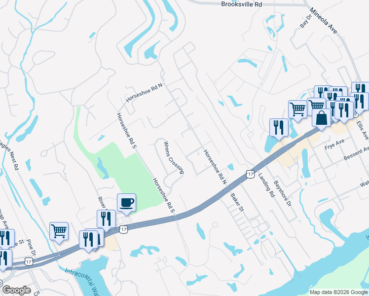 map of restaurants, bars, coffee shops, grocery stores, and more near 3810 Canvas Back Drive in Little River