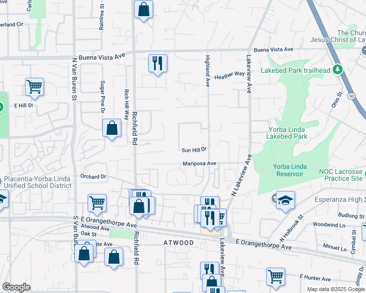 map of restaurants, bars, coffee shops, grocery stores, and more near 17927 Sun Hill Drive in Yorba Linda