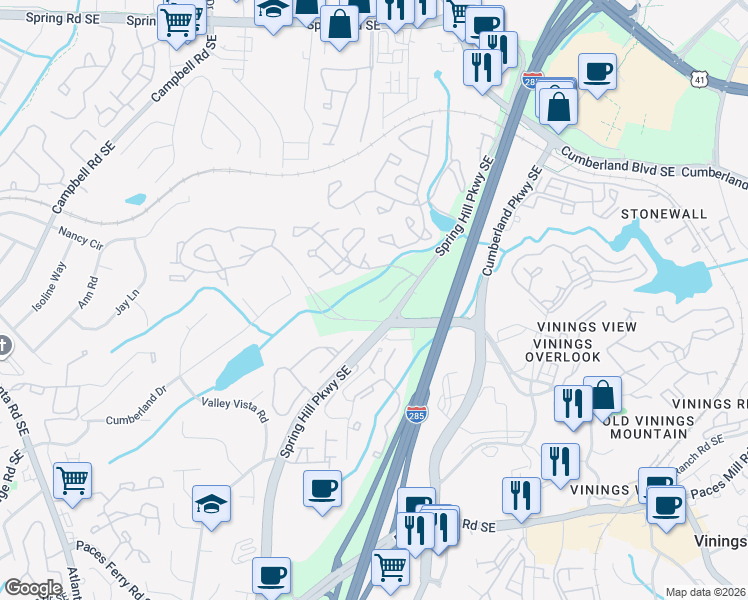 map of restaurants, bars, coffee shops, grocery stores, and more near 2606 Cumberland Court in Smyrna