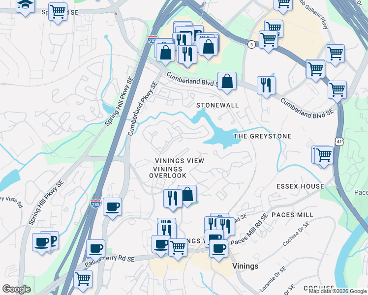 map of restaurants, bars, coffee shops, grocery stores, and more near 3115 7 Pines Court in Atlanta
