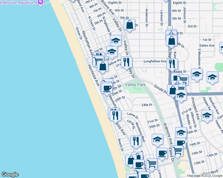 map of restaurants, bars, coffee shops, grocery stores, and more near 225 27th Street in Hermosa Beach
