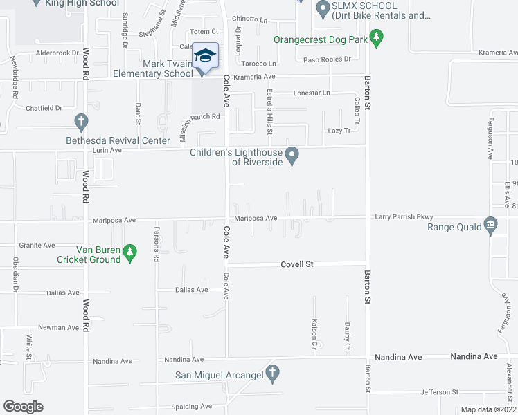 map of restaurants, bars, coffee shops, grocery stores, and more near 19584 Mariposa Avenue in Riverside