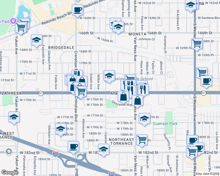 map of restaurants, bars, coffee shops, grocery stores, and more near 2625 Artesia Boulevard in Torrance