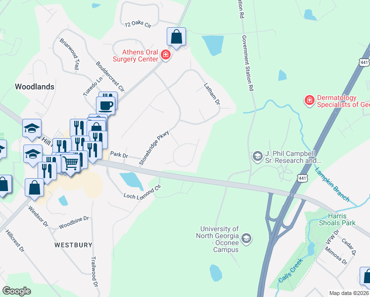 map of restaurants, bars, coffee shops, grocery stores, and more near 1051 Stonebridge Circle in Watkinsville
