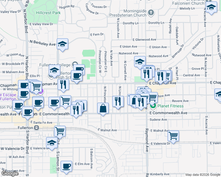 map of restaurants, bars, coffee shops, grocery stores, and more near 227 North Yale Avenue in Fullerton