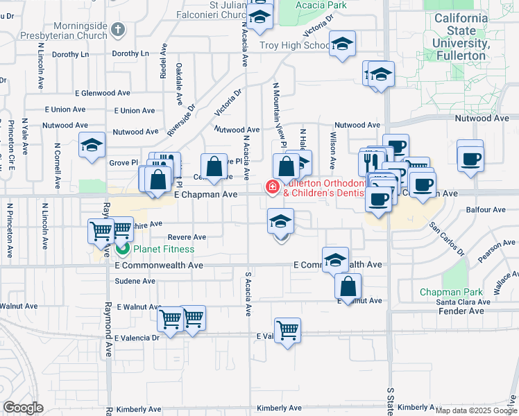 map of restaurants, bars, coffee shops, grocery stores, and more near 400 North Acacia Avenue in Fullerton