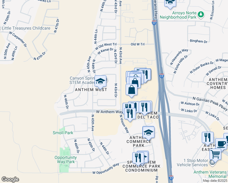 map of restaurants, bars, coffee shops, grocery stores, and more near 42818 North 43rd Drive in Phoenix