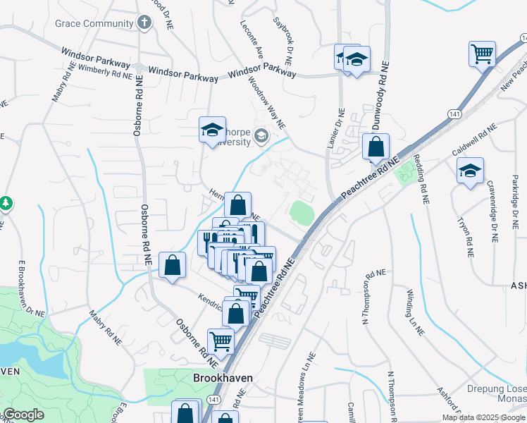 map of restaurants, bars, coffee shops, grocery stores, and more near 4420 Peachtree Road in Atlanta