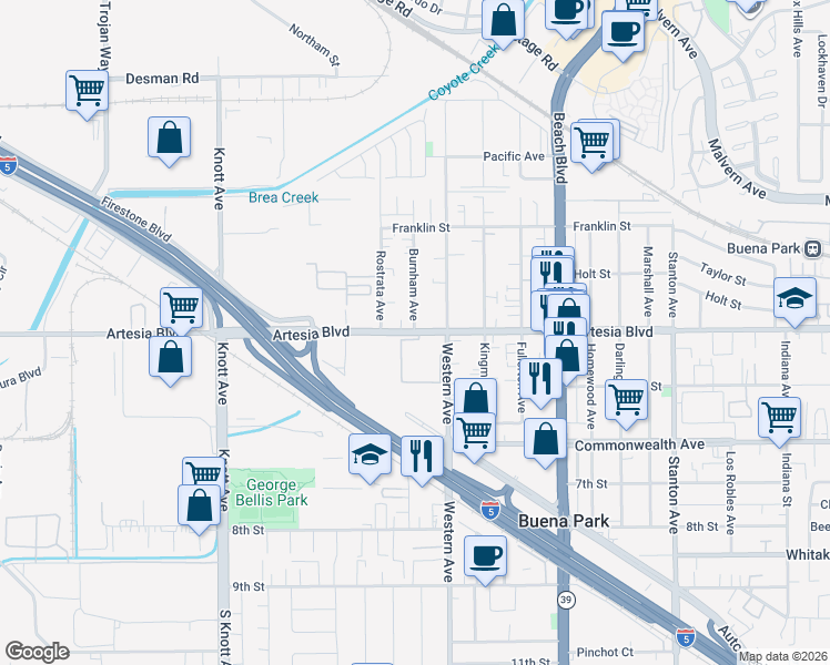 map of restaurants, bars, coffee shops, grocery stores, and more near Artesia Boulevard & Burnham Avenue in Buena Park