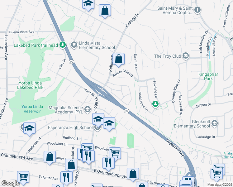 map of restaurants, bars, coffee shops, grocery stores, and more near 19083 Rockwood Drive in Yorba Linda