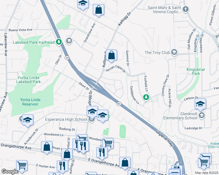 map of restaurants, bars, coffee shops, grocery stores, and more near 19063 Rockwood Drive in Yorba Linda