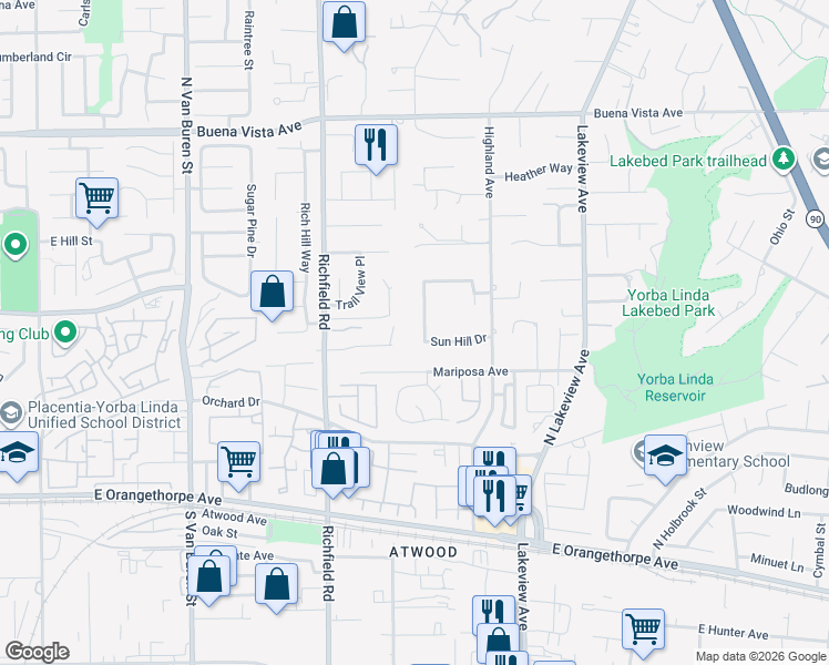 map of restaurants, bars, coffee shops, grocery stores, and more near 17936 Sun Hill Drive in Yorba Linda