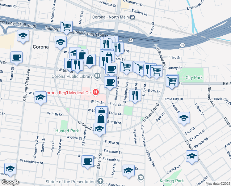 map of restaurants, bars, coffee shops, grocery stores, and more near 809 Ramona Avenue in Corona