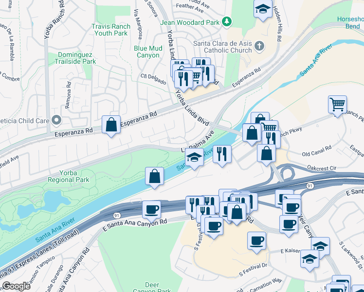 map of restaurants, bars, coffee shops, grocery stores, and more near 8180 East Brookdale Lane in Anaheim
