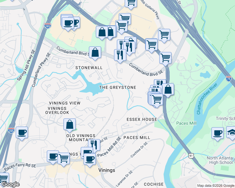 map of restaurants, bars, coffee shops, grocery stores, and more near 327 Pinhurst Drive in Atlanta