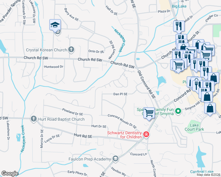 map of restaurants, bars, coffee shops, grocery stores, and more near 373 Dan Place Southeast in Smyrna