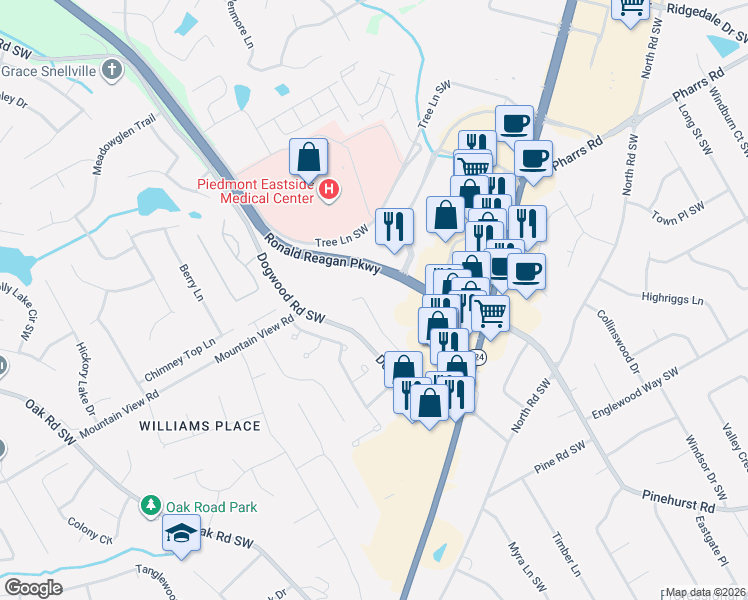 map of restaurants, bars, coffee shops, grocery stores, and more near 1798 Dogwood Court Southwest in Snellville