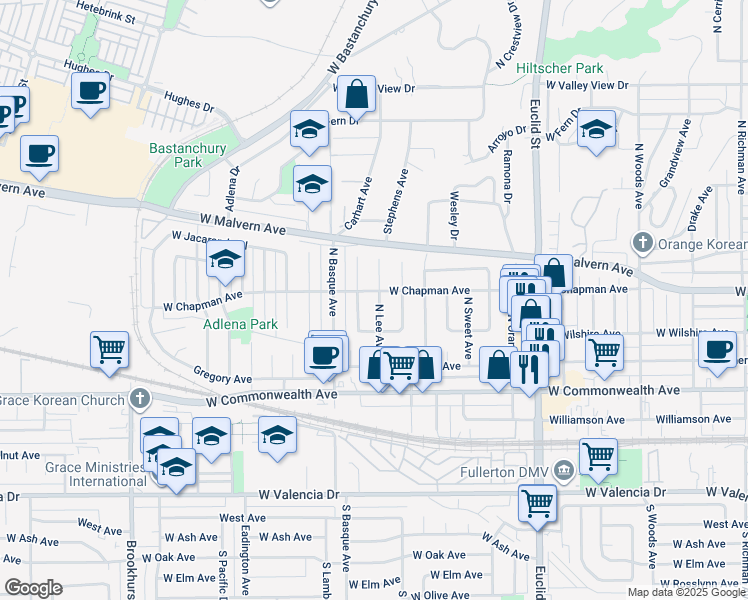 map of restaurants, bars, coffee shops, grocery stores, and more near 325 North Lee Avenue in Fullerton