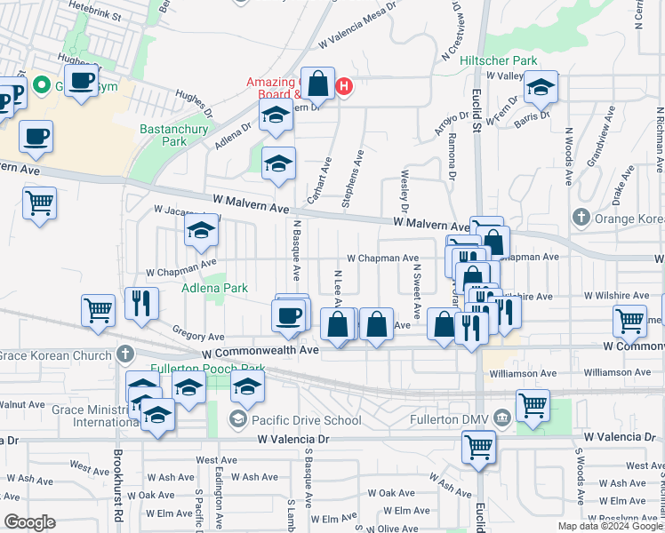 map of restaurants, bars, coffee shops, grocery stores, and more near 325 North Lee Avenue in Fullerton