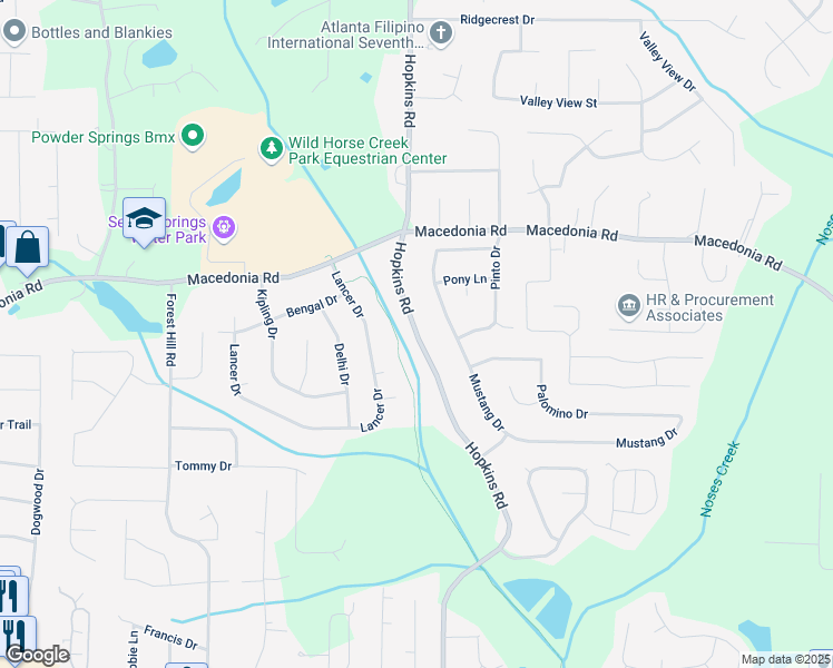 map of restaurants, bars, coffee shops, grocery stores, and more near Hopkins Road in Powder Springs