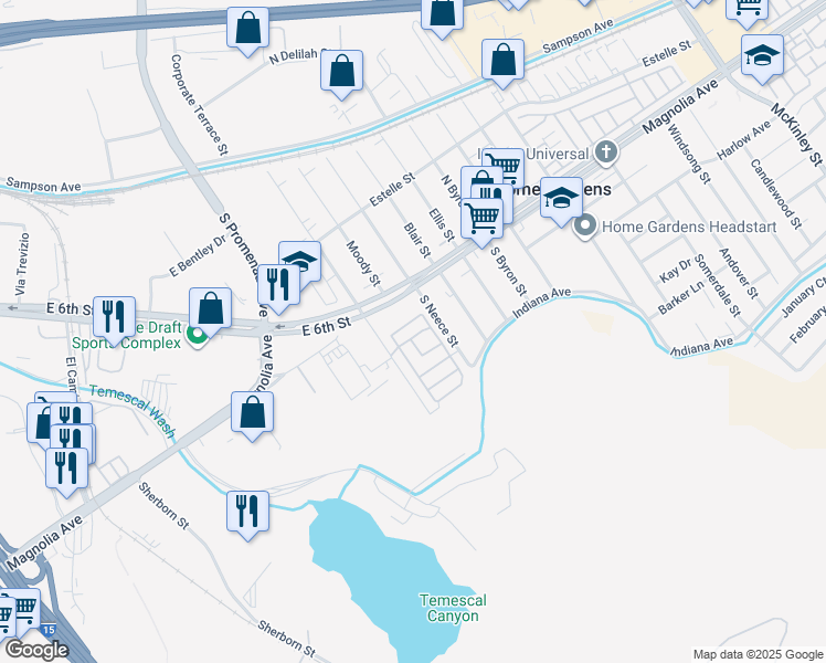 map of restaurants, bars, coffee shops, grocery stores, and more near in Corona