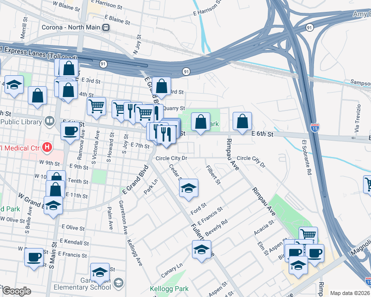 map of restaurants, bars, coffee shops, grocery stores, and more near 768 La Tierra Street in Corona