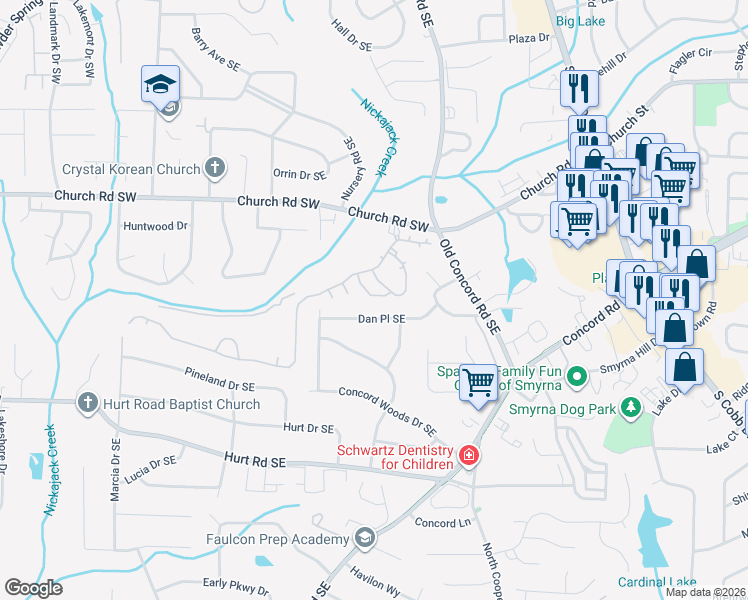 map of restaurants, bars, coffee shops, grocery stores, and more near 425 Dan Place Southeast in Smyrna