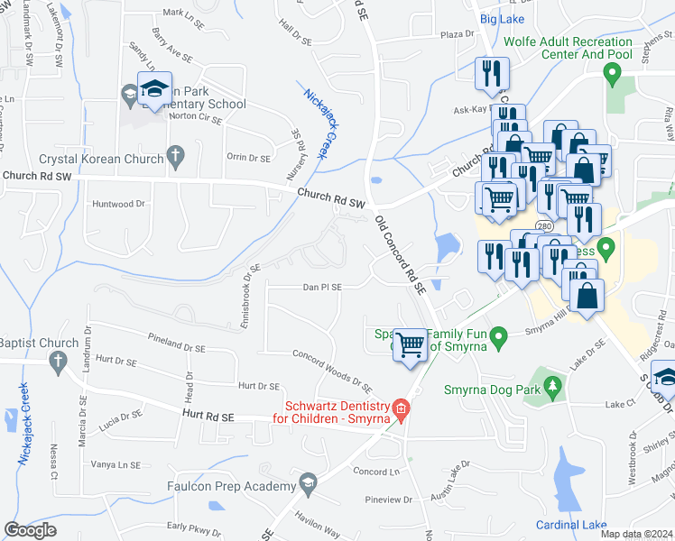 map of restaurants, bars, coffee shops, grocery stores, and more near 3325 Hidden Trail Road Southeast in Smyrna