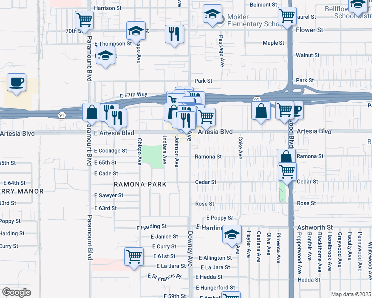 map of restaurants, bars, coffee shops, grocery stores, and more near 3445 East 65th Street in Long Beach