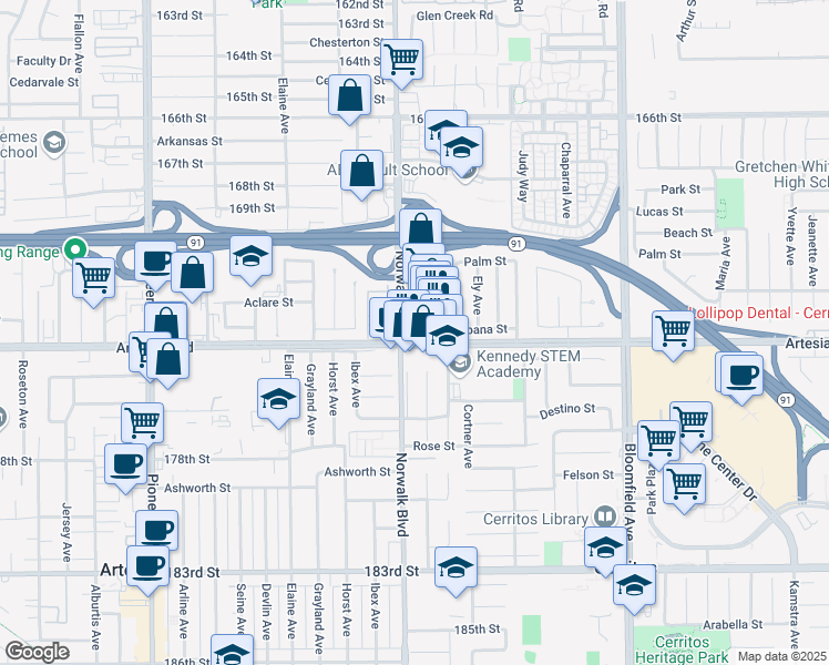 map of restaurants, bars, coffee shops, grocery stores, and more near in Cerritos