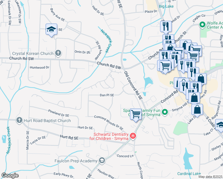 map of restaurants, bars, coffee shops, grocery stores, and more near 3325 Hidden Trail Road Southeast in Smyrna