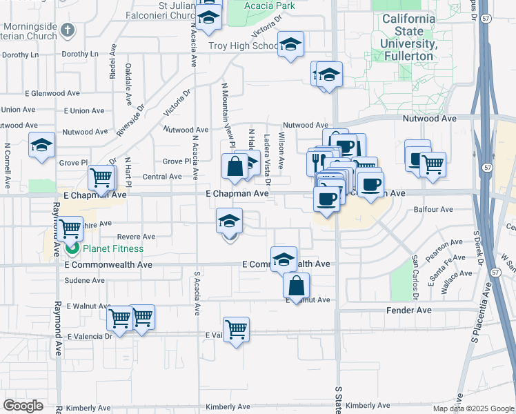 map of restaurants, bars, coffee shops, grocery stores, and more near 2037 East Whiting Avenue in Fullerton