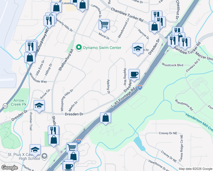 map of restaurants, bars, coffee shops, grocery stores, and more near 2920 Appling Drive in Atlanta
