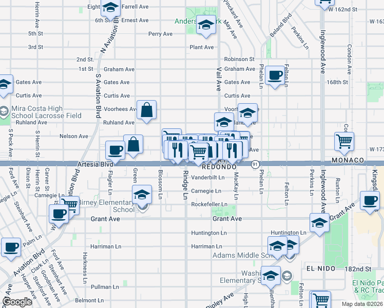 map of restaurants, bars, coffee shops, grocery stores, and more near 2204 Mathews Avenue in Redondo Beach